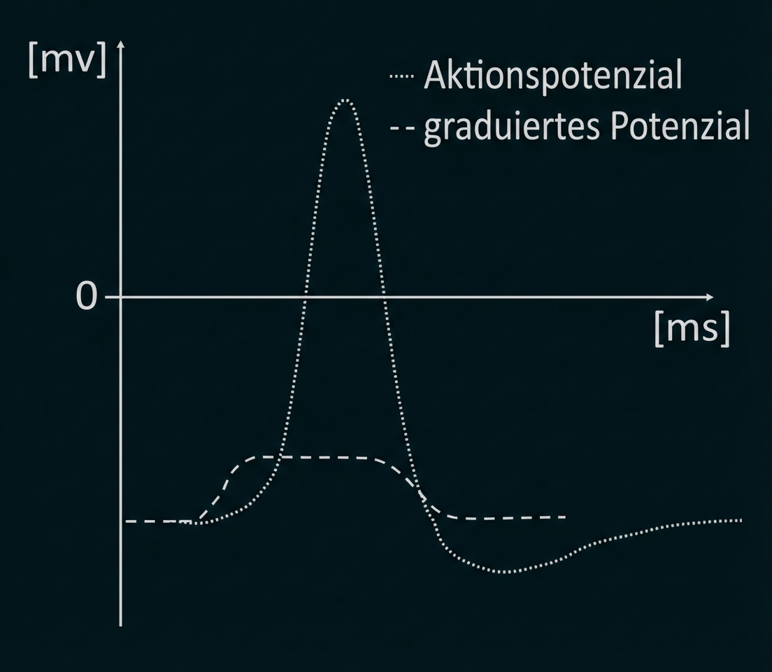 Diagramm: Spannung (mV) über Zeit (ms) mit hohem Aktionspotenzial (Spitze) und kleinerem graduiertem Potenzial (flache Welle)